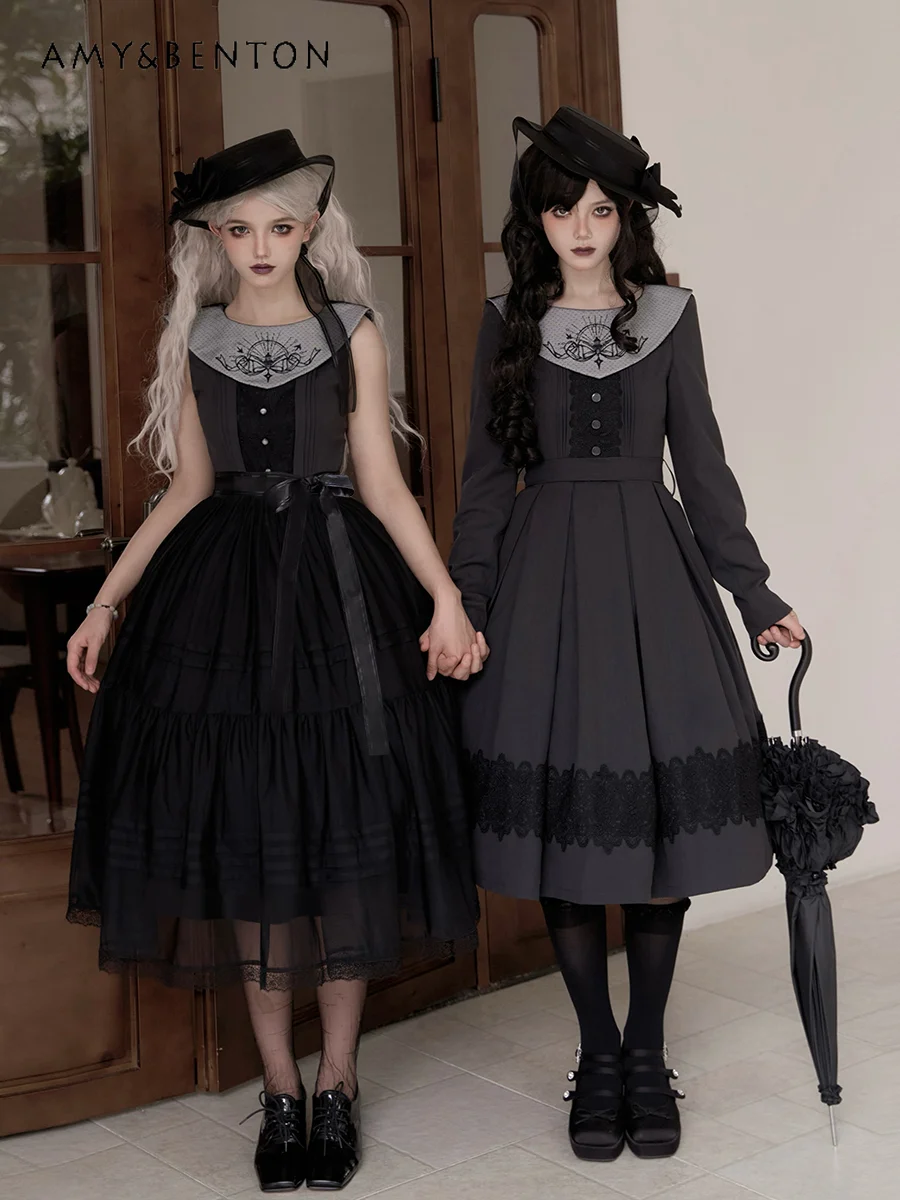 

Subculture Vintage Lolita Dress Original Goth Embroidery Doll Collar Op Long Sleeve Dress Punk Style A-line Dress Heavy Industry