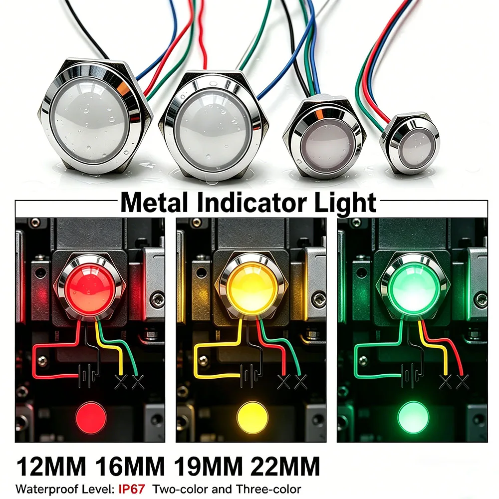 Image of Metall-LED-Anzeigelampe 12mm 16mm 19mm 22mm Wasserdichte Warnsignalleuchte Mit Kabel Zwei- oder Dreifarbig 5V 12V 24V Rot Blau Grün