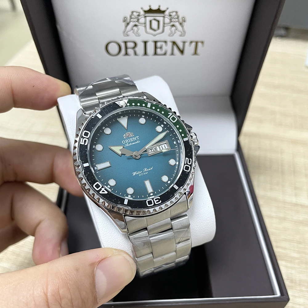 Reloj de buceo automático resistente al agua hasta 200 m para hombre Orient, esfera con fecha y día, pulsera de acero inoxidable, reloj de pulsera luminoso de cuerda automática