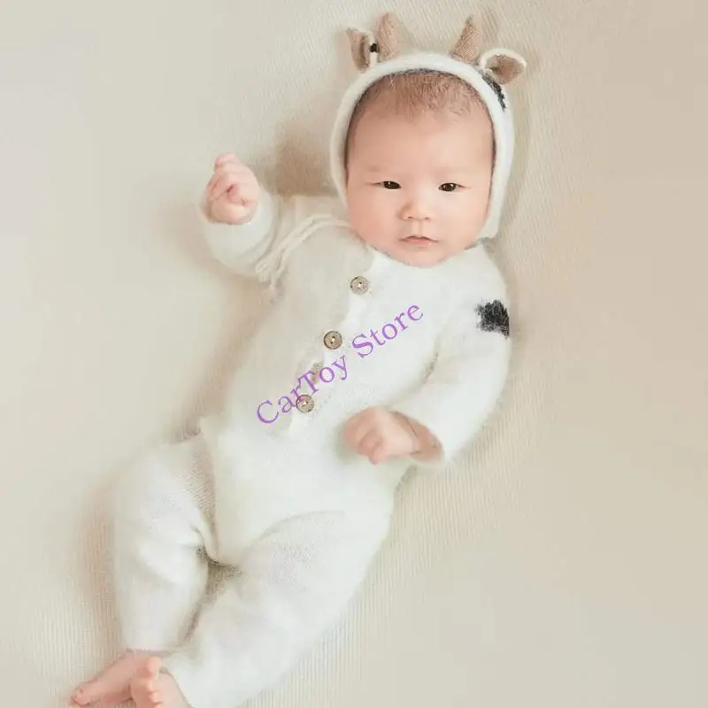634F 3 PCS Baby Breien Cow Hat Dier voor Doll Romper Set Handgemaakte Haak Mohair Bodysuit Pasgeboren fotografie
