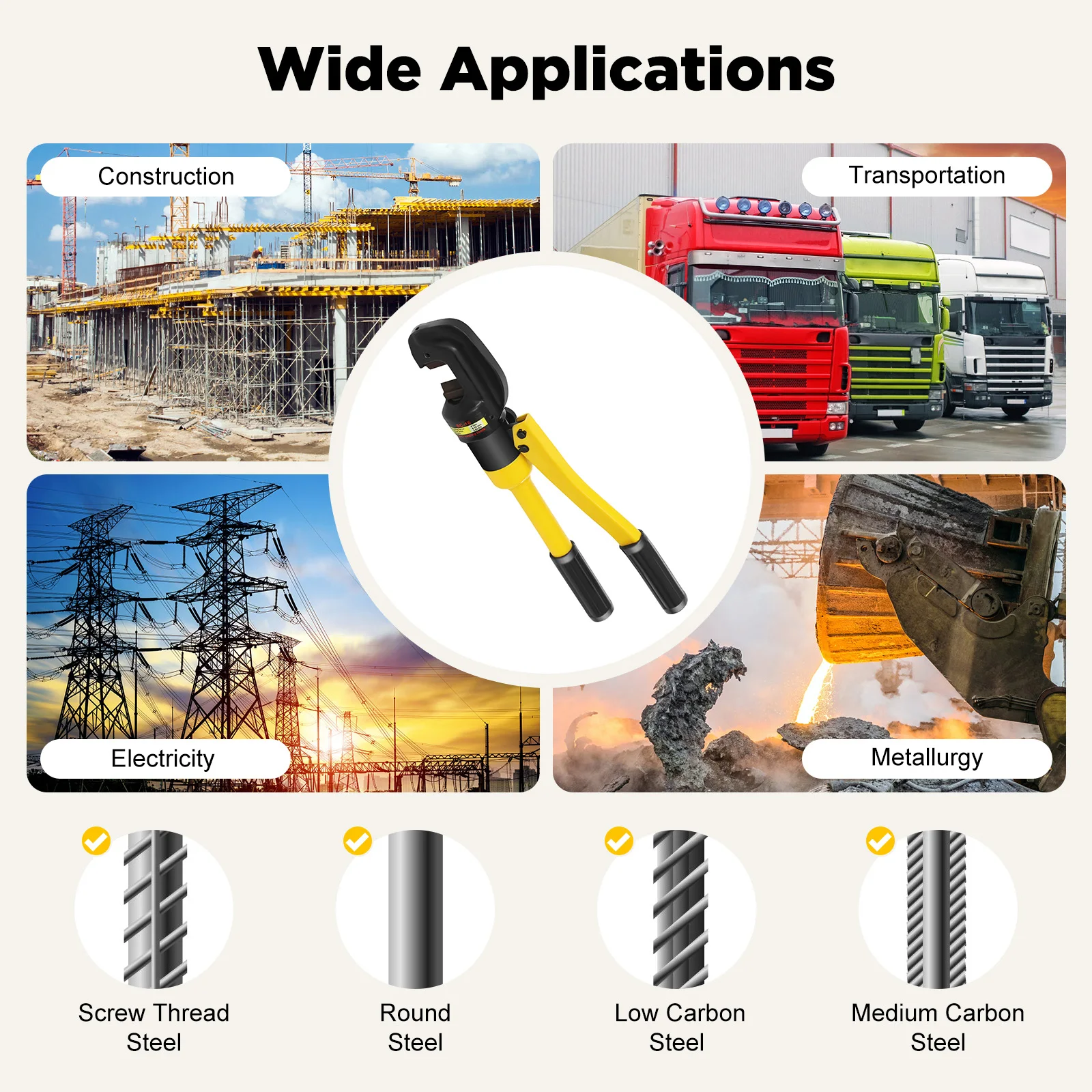 قاطع حديد التسليح الهيدروليكي 8T نطاق القطع 0.16-0.63 بوصة مع مقبض غير قابل للانزلاق وصندوق أدوات محمول للبناء