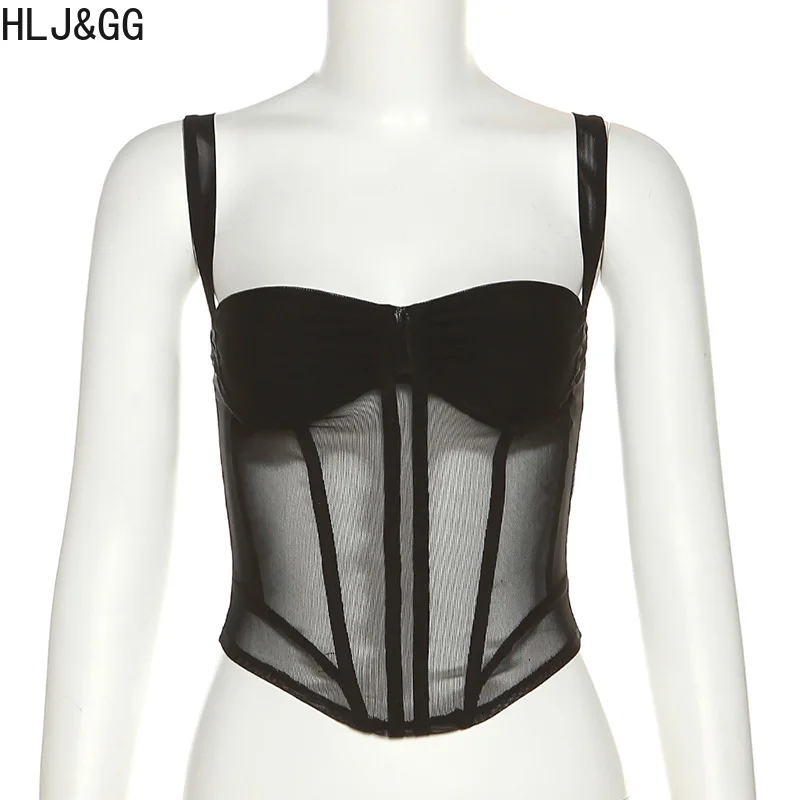 HLJ&GG Sexy See Though Corset Two Piece Sets Women Spaghetti Strap Sleeveless Slim Tank Top And Sequin Sequin Shorts Outfit 2025