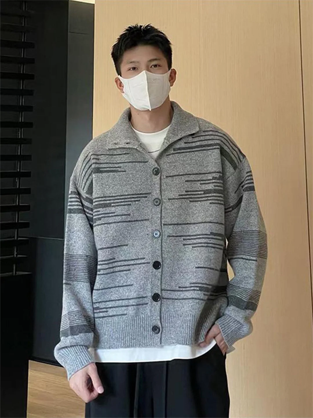 

Мужской вязаный свитер с воротником в полоску и цветовыми блоками, повседневный, теплый, осенне-зимний, открытый кардиган, верхняя одежда