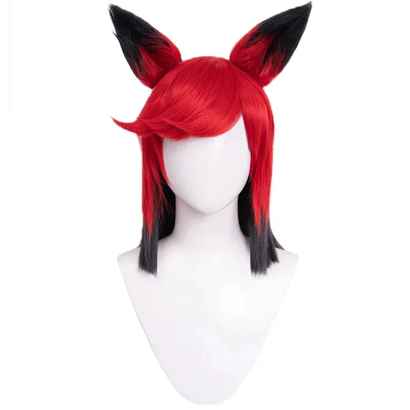 LQIN STOCK Alastor Wig Anime Cosplay DokiDoki Red Black Hair Alastor Cosplay Pre Crimped Wig Hair Ears Glasses Gloves Halloween