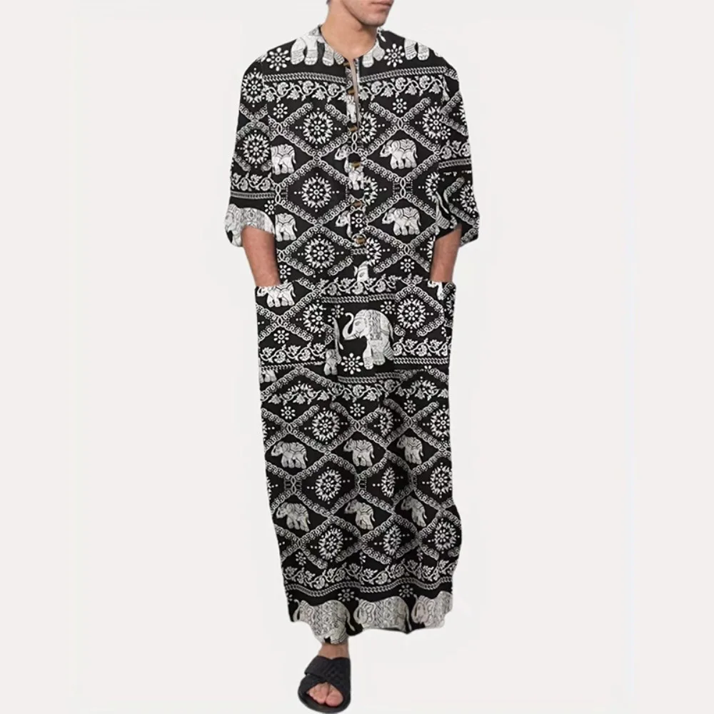 Fashionable Casual Style: New Southeast Asian Men's Long Robe, Oracle Elephant Print Showcasing Unique Charm