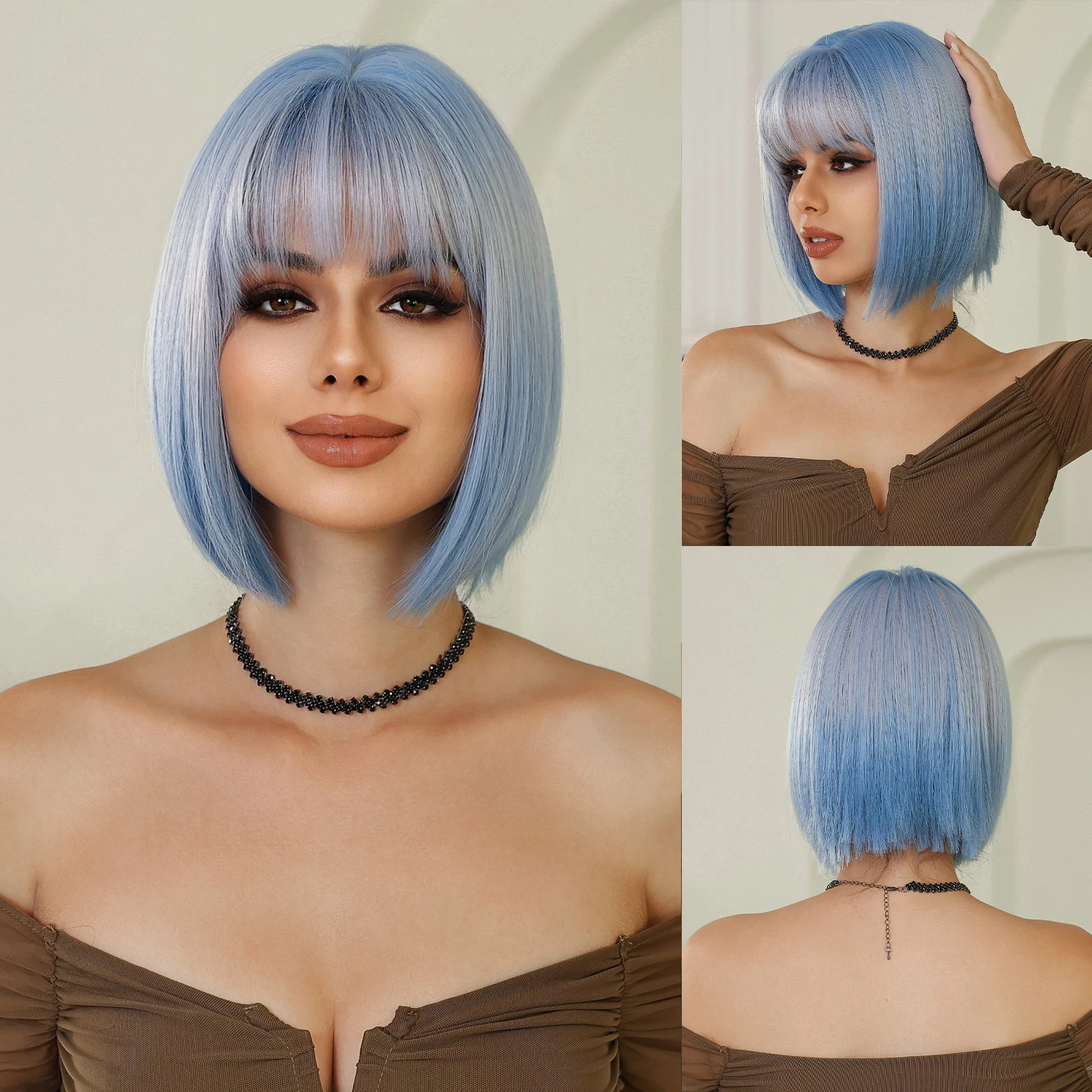 

Bob Blue Purple Ombre Synthetic Wigs Cosplay Lolita Use Hair Short Straight Halloween Wig with Bangs for Women Heat Resistant