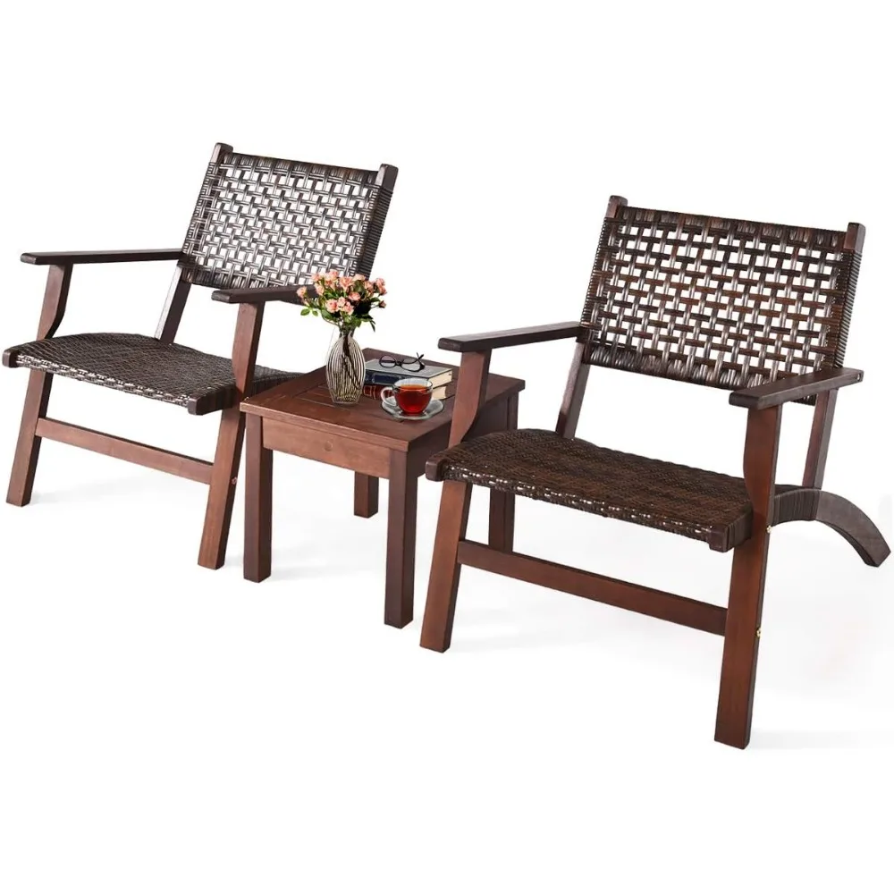 

3 PCS Patio Conversation Set, Solid Eucalyptus Wood Frame Outdoor Wicker Furniture Set Bistro Set with Coffee Table