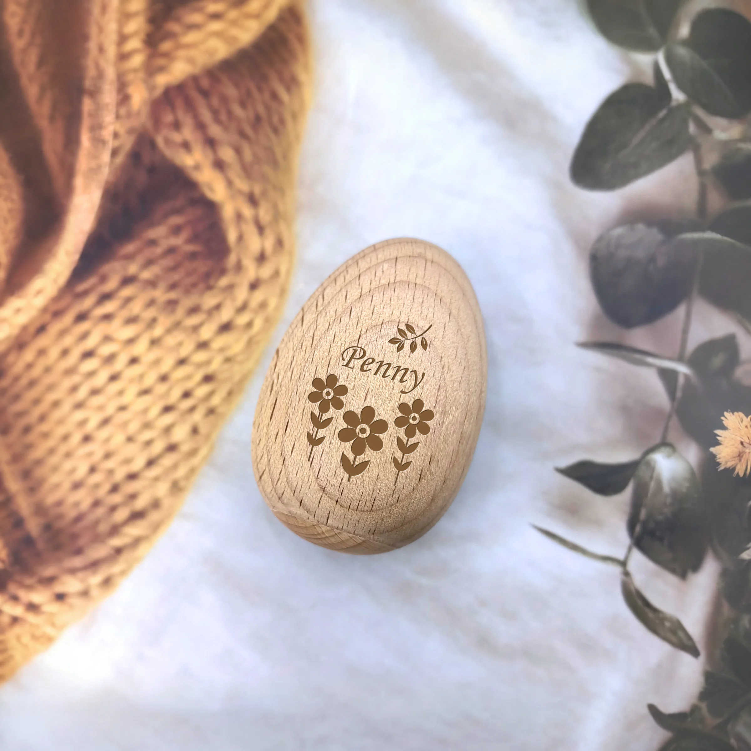 Personalised Wooden Easter Bunny 5pcs Egg Custom Engraved Rabbit Eggs Basket Decor, First Birthday, Baby Memory Baptism Keepsake