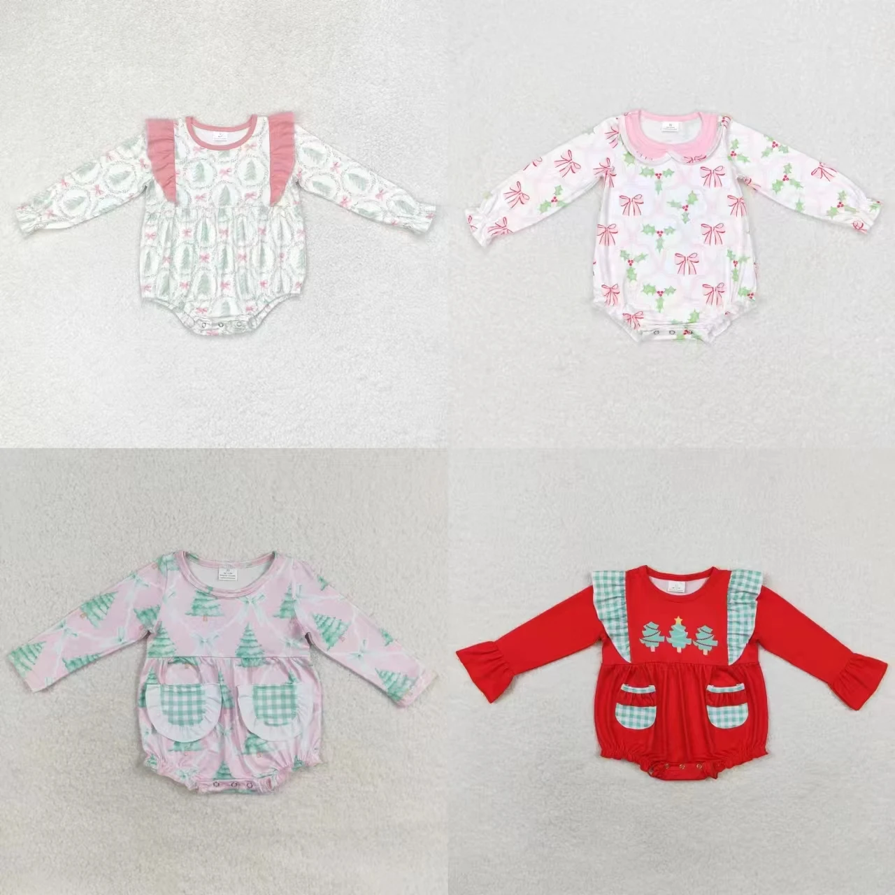 Wholesale Baby Girl Christmas One Piece Newborn Toddler Tree Bows Romper Kids Children Long Sleeves Infant Bubble Jumpsuit