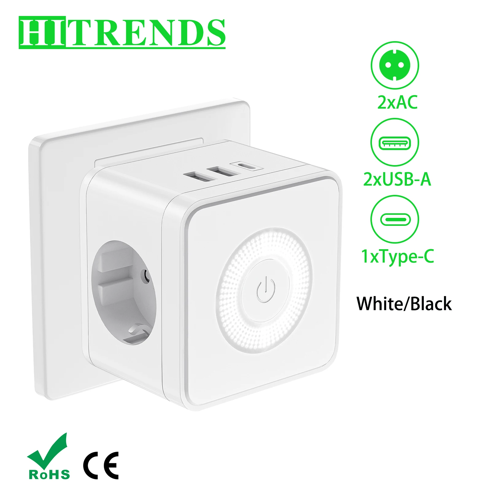

Удлинитель EU Cube Multi Plug с 2 электрическими розетками USB-A типа C, настенная розетка с ночником 3680 Вт для домашнего офиса