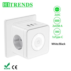 EU Power Strip Cube Multi Plug with 2 USB-A Type C Electrical Outlet Wall Socket with Night Light 3680W for Home Office