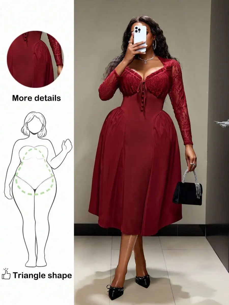 Plus Size Women Elegant A-Line Dress With Lace Details Sweetheart Neckline Long Sleeve