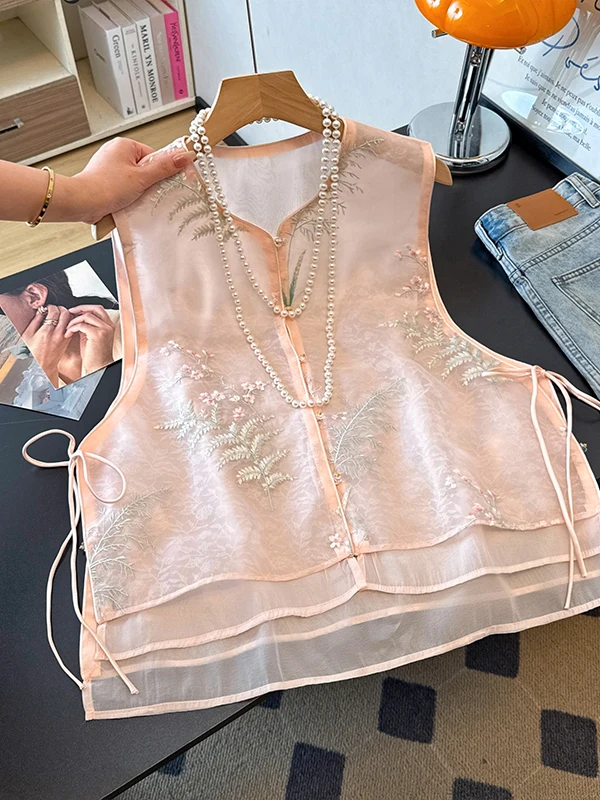 New Chinese Style Heavy Embroidery V-Neck Waist-Cinched Vest Women's Summer New Gentle Zen Spirit Double Layer Vest Shoulder Pad