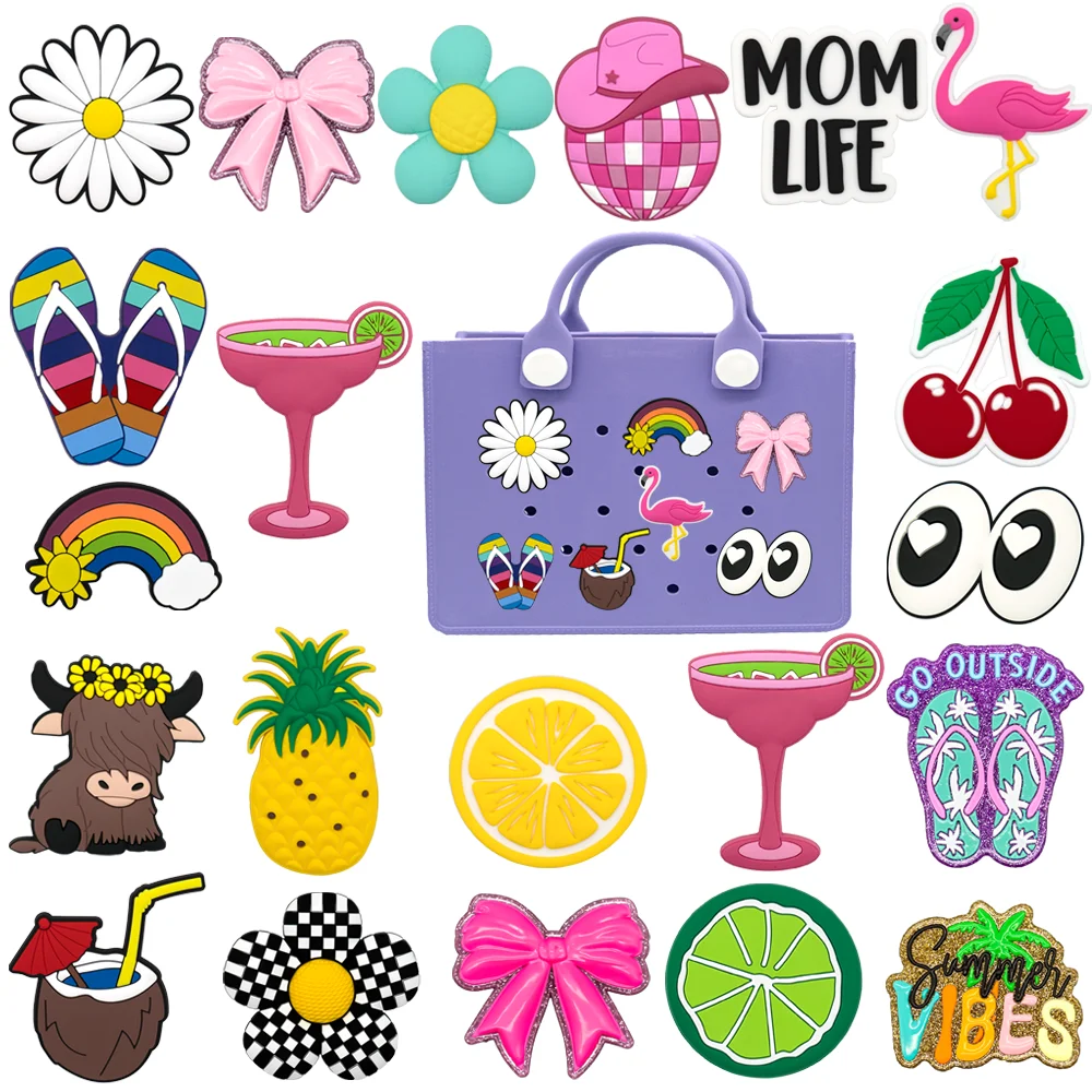 1PCS Flamingo Bag Accessories Flower Charm for Girls,Lemon Pineapple Decoration for Handbags,Cherry Beverage Pin Bag Giftft