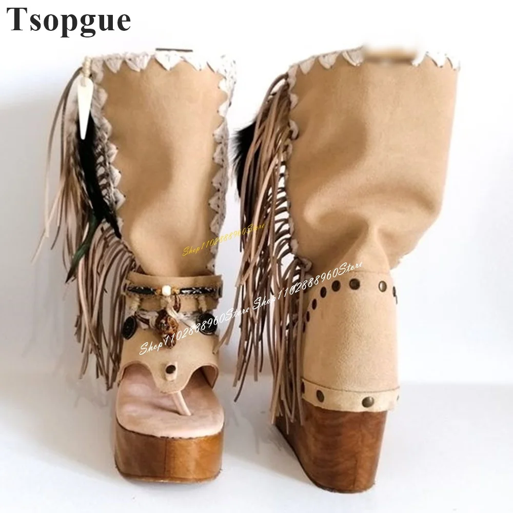 Western Mid Calf Khaki Flock Fringe Decor Boots Wedges Heel Shoes For Women Slip On Open Toe 2024 Fashion Zapatos Para Mujere