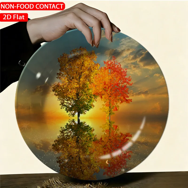 1pc Autumn Tree Reflection Orange Decorative Plate-Non-Food Contact Hangable And Freestanding Ideal for Home, Study, Living