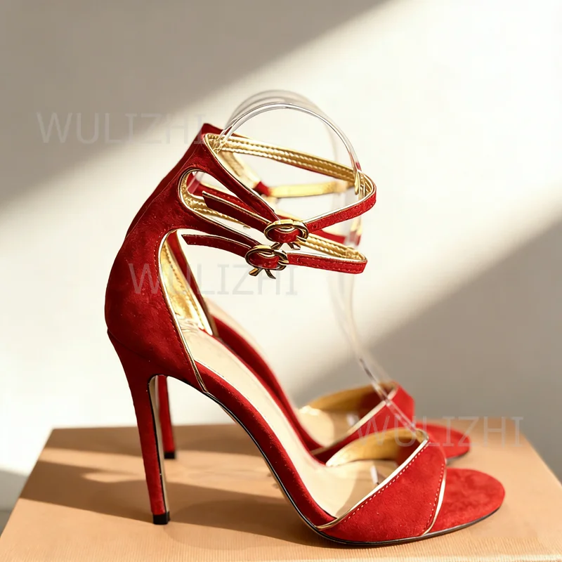 

Women Simple Red Velvet Sandals Gold Trim Black Suede Heels Elegant Buckle Back Zipper Shallow Stiletto Purple Ankle Straps