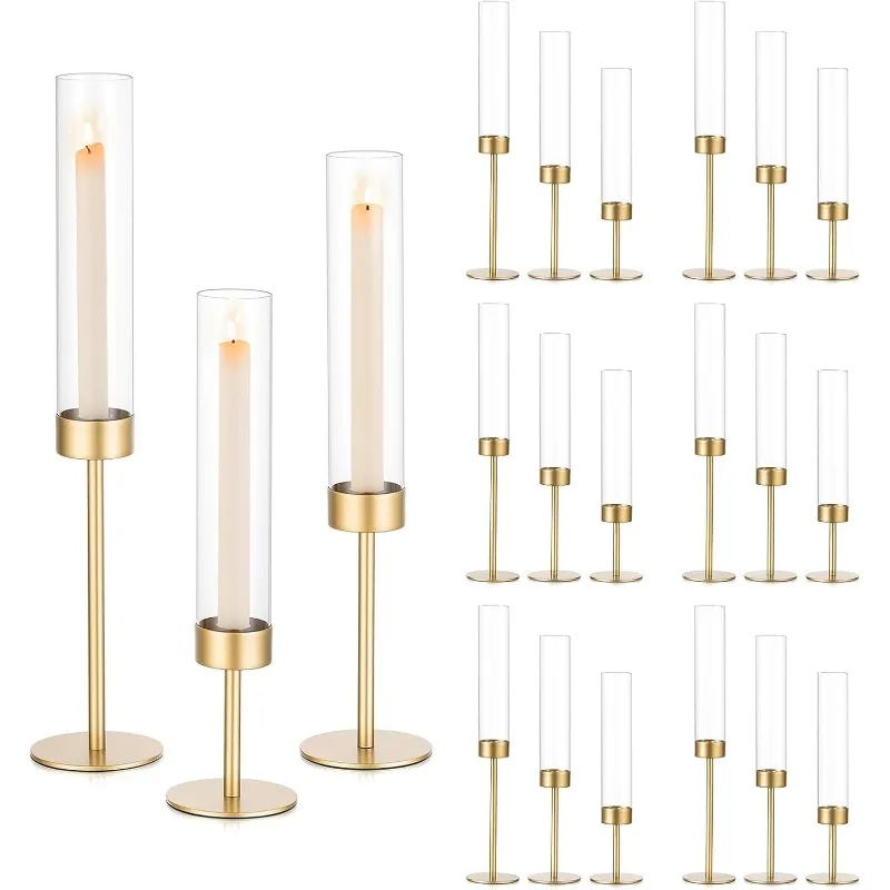 حامل شموع الإعصار لحفلات الزفاف: حامل شمعدان ذهبي 18 قطعة لقطع مركزية للطاولة - حامل عصا شموع زجاجية