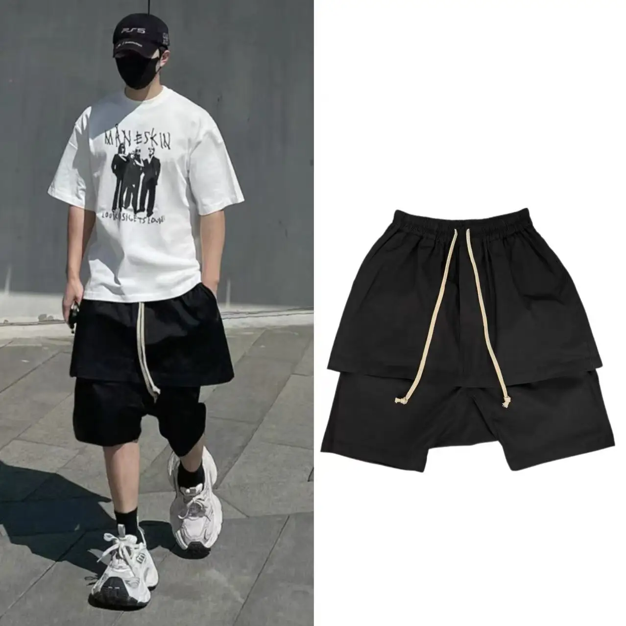 High Street Shorts Men's RO Dark Style Double-layer Versatile All Season Hanging Crotch Harlan Shorts Cropped Pants