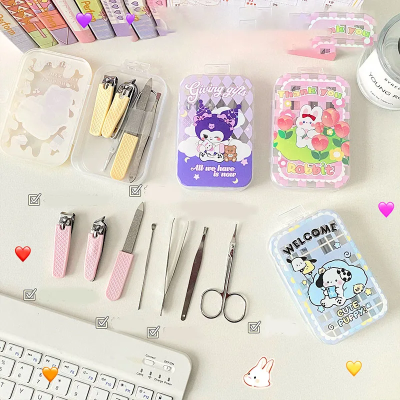 7Pcs Kawaii Sanrio Hellokittys Kuromi Nail Clipper Set Cartoon Anime Stainless Steel Nail Art Tool Accessories Kids Girls Gift