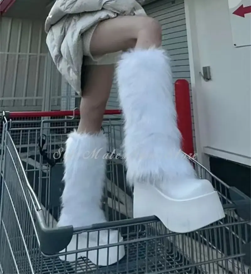 White Thick Bottom Real Fur Snow Boots Knee High Slip On Wedge Heel Waterproof Women's Fashion Boots 2025 New Comfort Long Boots