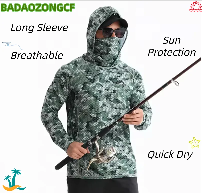 Men Fishing Shirts With Hood Face Mask Long Sleeve Sun Protection Quick Dry Breathable Outdoor Hiking Rash Guard