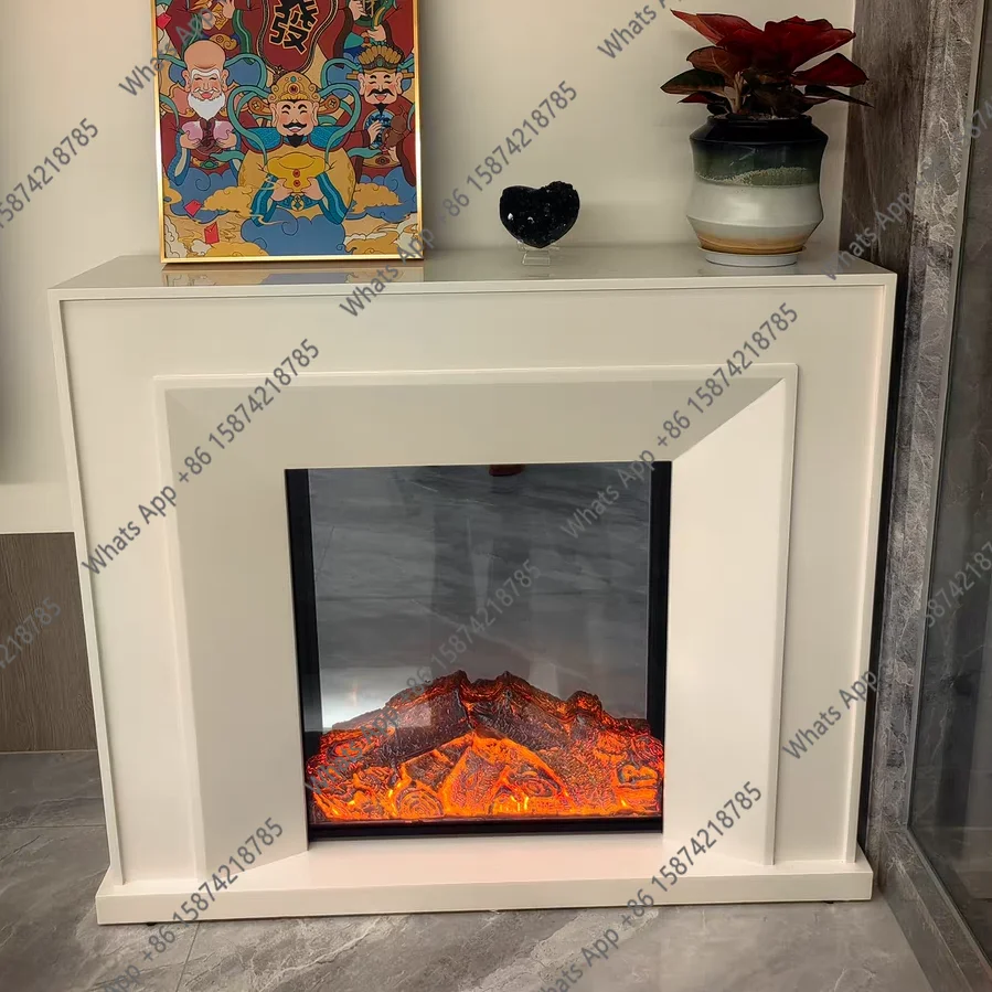 Cream wind white solid wood fireplace French living room decoration electronic simulation flame storage porch rack