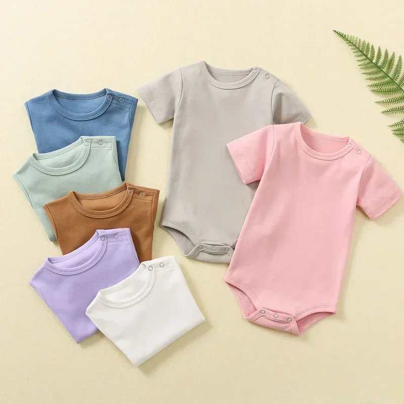 Newborn Baby Summer Rompers Short Sleeve Organic Cotton Infant Classic Romper Pajamas Solid Color Boy Girl Clothes