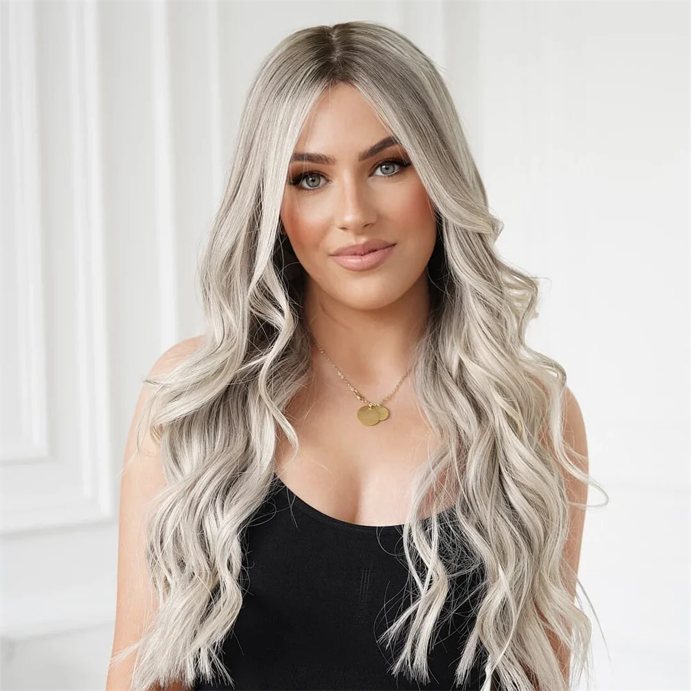 

Synthetic Lace Front Wig Silver-grey Root Melt Highlighted Icy Blonde Wig Futura Luxury Wavy Wig Heat Resistant Fiber for Women