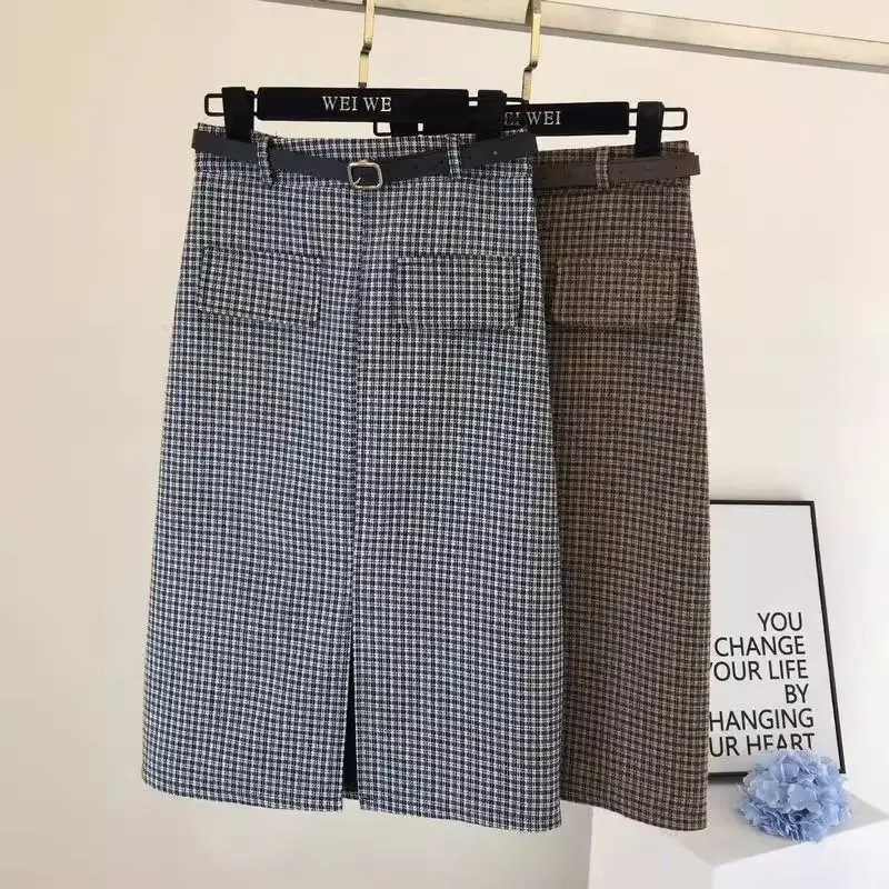 Korean Fashion Autumn Winter New Woolen Women Houndsto Zipper Split Simplicity Chic High Waist Midi Slim A-line Hip Wrap Skirt