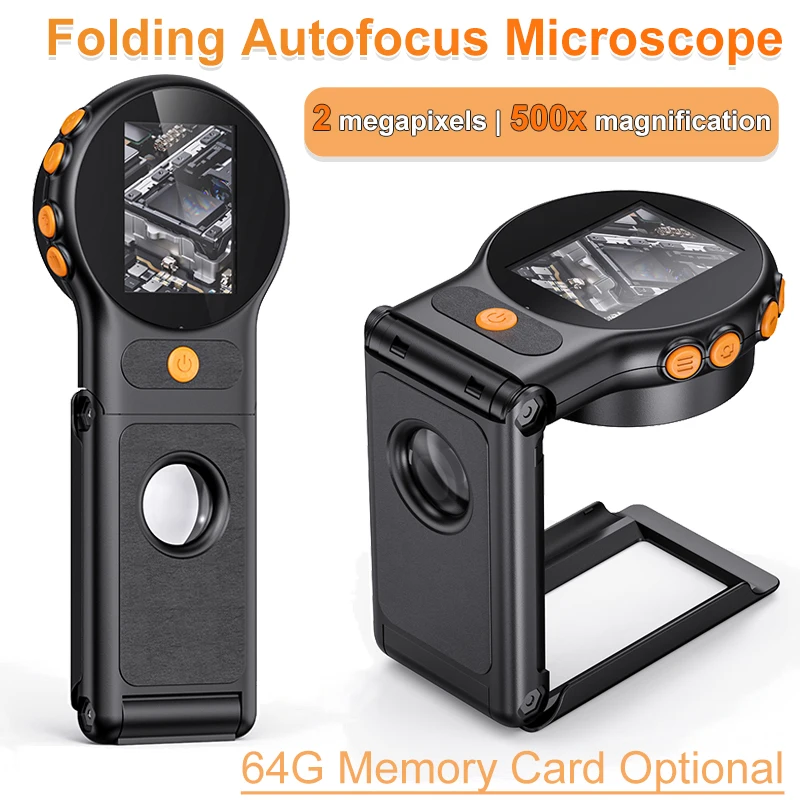 500X Portable Digital Folding Microscope Magnifier 2.0 inch 1080P Video Magnifying Glass with 2 Megapixel 8 Leds for Jewellery