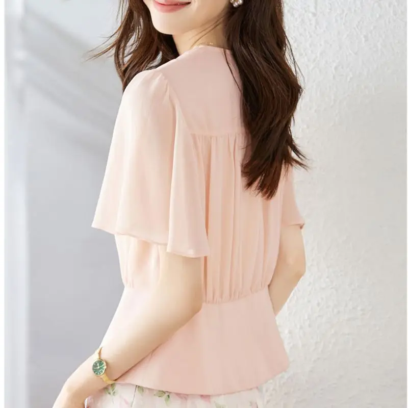 Chemisier en mousseline de soie à manches courtes et col en v, nouveau petit style parfum, chemise élégante de style chinois, haut polyvalent pour femmes, été