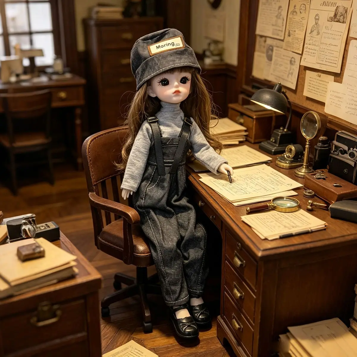 Vintage Office Style Bjd 1/6 Doll and Dollclothes Denim Overalls Gray Turtleneck Hat Leather Shoes Retro Gentleman Doll Outfit