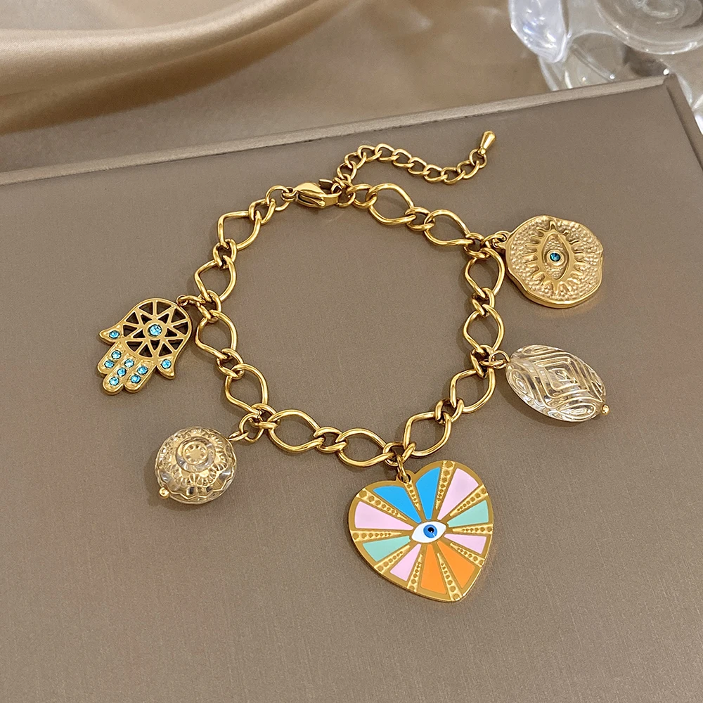 

DODOHAO Holiday Style Waterproof Stainless Steel Bracelet for Women Bohemian Colorful Heart Shaped Eye Pendant Bracelet Jewelry