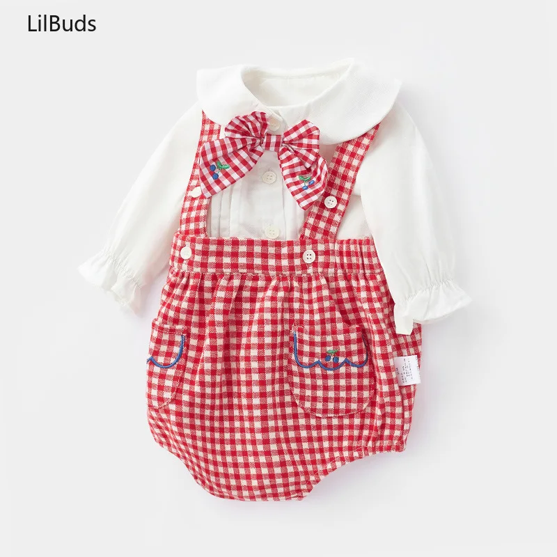 2024 Newborn Baby Girls Two Piece Set Red Plaid Suspenders Shorts Toddler Fashion Doll Neck Long Sleeve Tops Romper Suits Summer