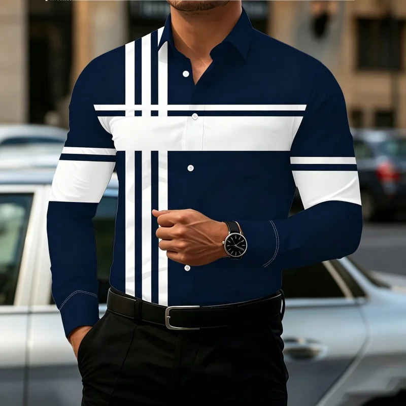 Men's Casual Patchwork Shirt with Contrasting Striped Street Style Top image 3