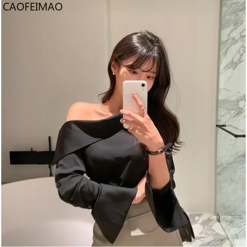 Office Lady Korean Style Black Blouses One Shoulder Sexy Shirts Women Spring Summer Cold Blouse Female Elegant White Tops 2025