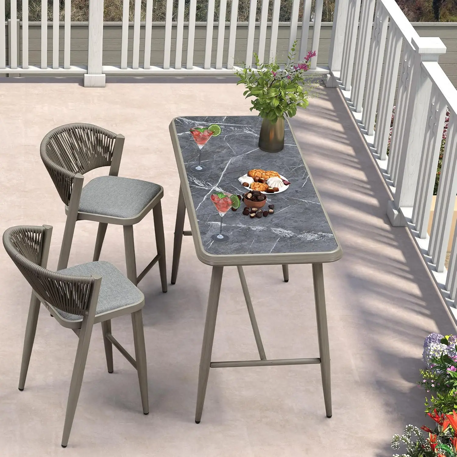 

Открытый прямоугольный обеденный стол со стойкой, алюминиевый кухонный барный стол для барного стула для заднего двора, патио, серый