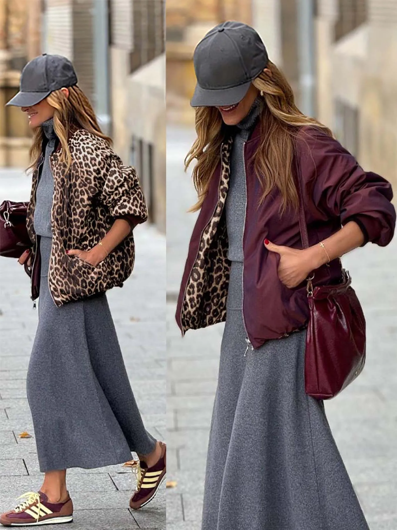 

Beautiful reversible women's jacket, baseball collar with side pockets and zippered placket, women's leopard print jacket 766