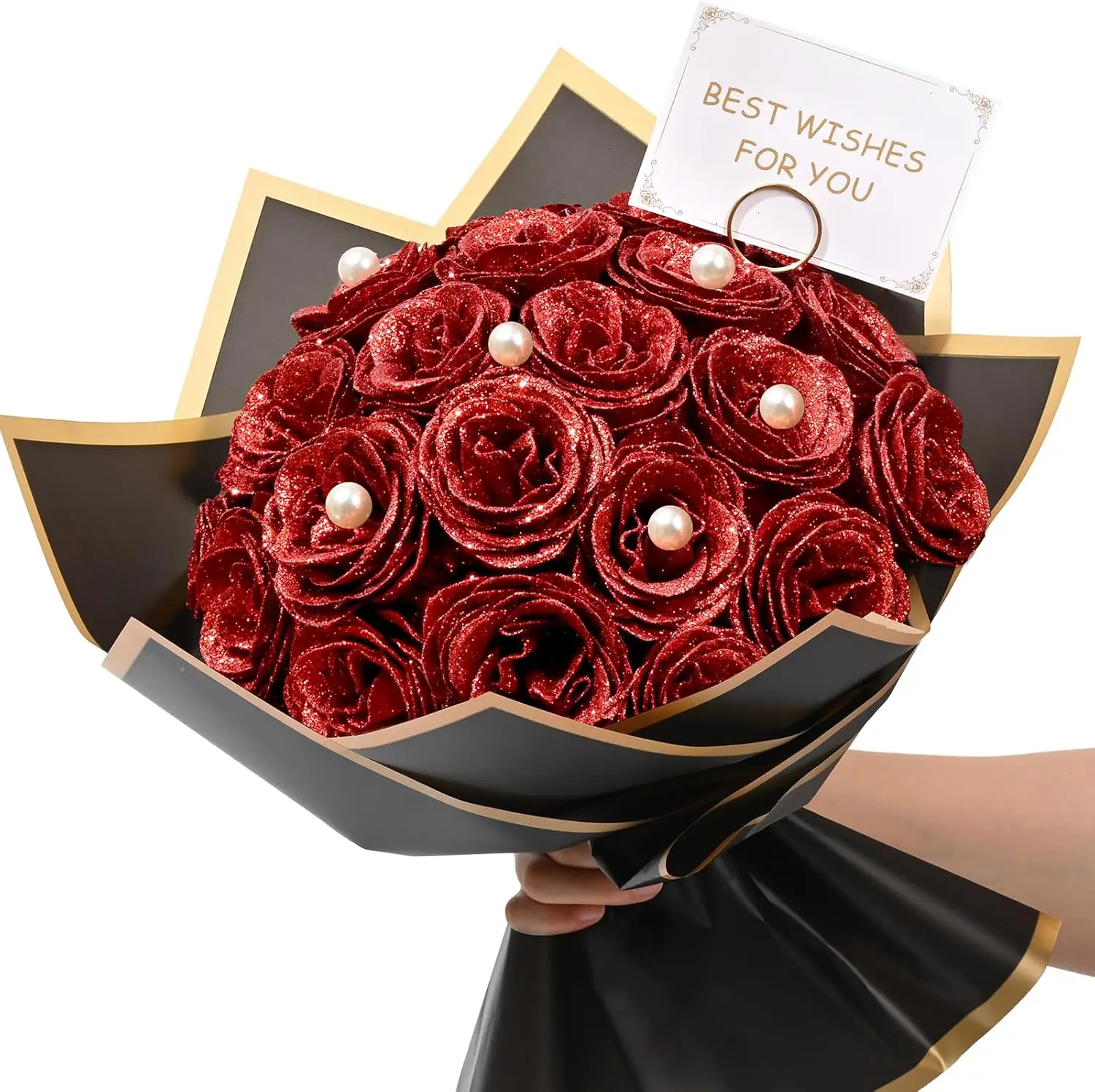 Ramo de Rosas Rojas con Purpurina (12/24 Piezas), Set de Regalo DIY, Rosas Artificiales Brillantes y Duraderas para San Valentín, Aniversario, Compromiso, Boda