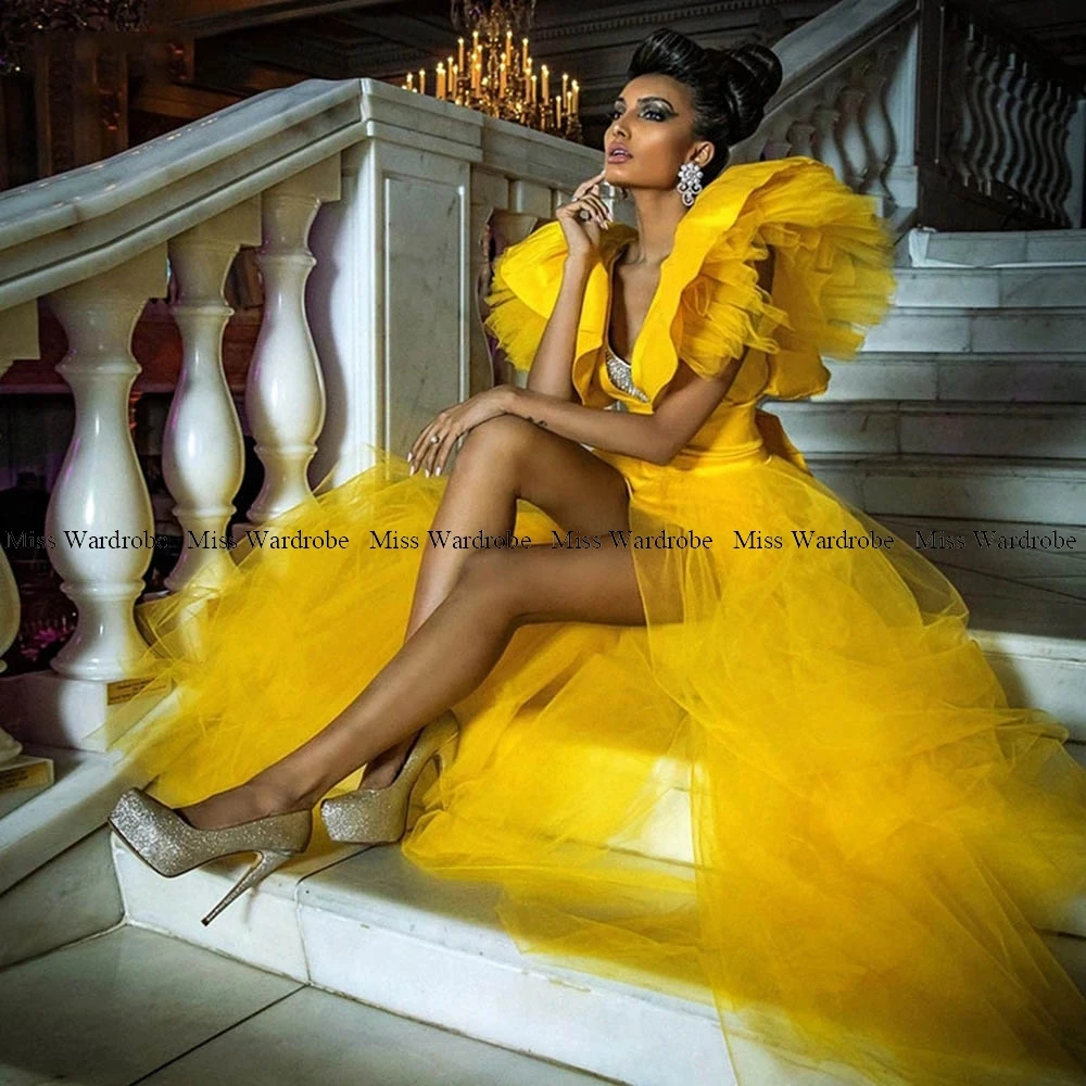 Sexy Tulle Long Prom Gowns Yellow V-neck Puff Party Evening Dresses Tiered Hign Side Split Bow Belt With Crystal Custom Size