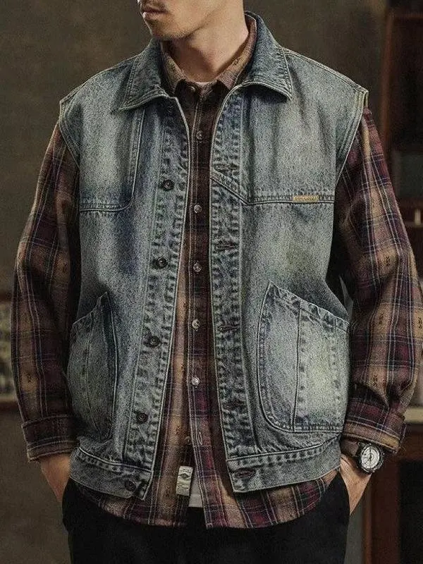 

Retro Fall Men's Denim Jaet Casual Outdoor Workwear Loose Fit Sli American Sle Vest oulder Pad Jaet