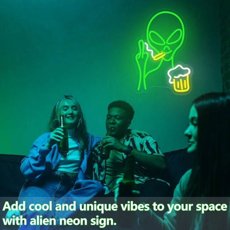 Green Alien Beer Bar Wall Decor Dimmable Neon Kids Birthday Christmas Gift Man Cave Hip Hop Teen Game Room Decoration 5V USB