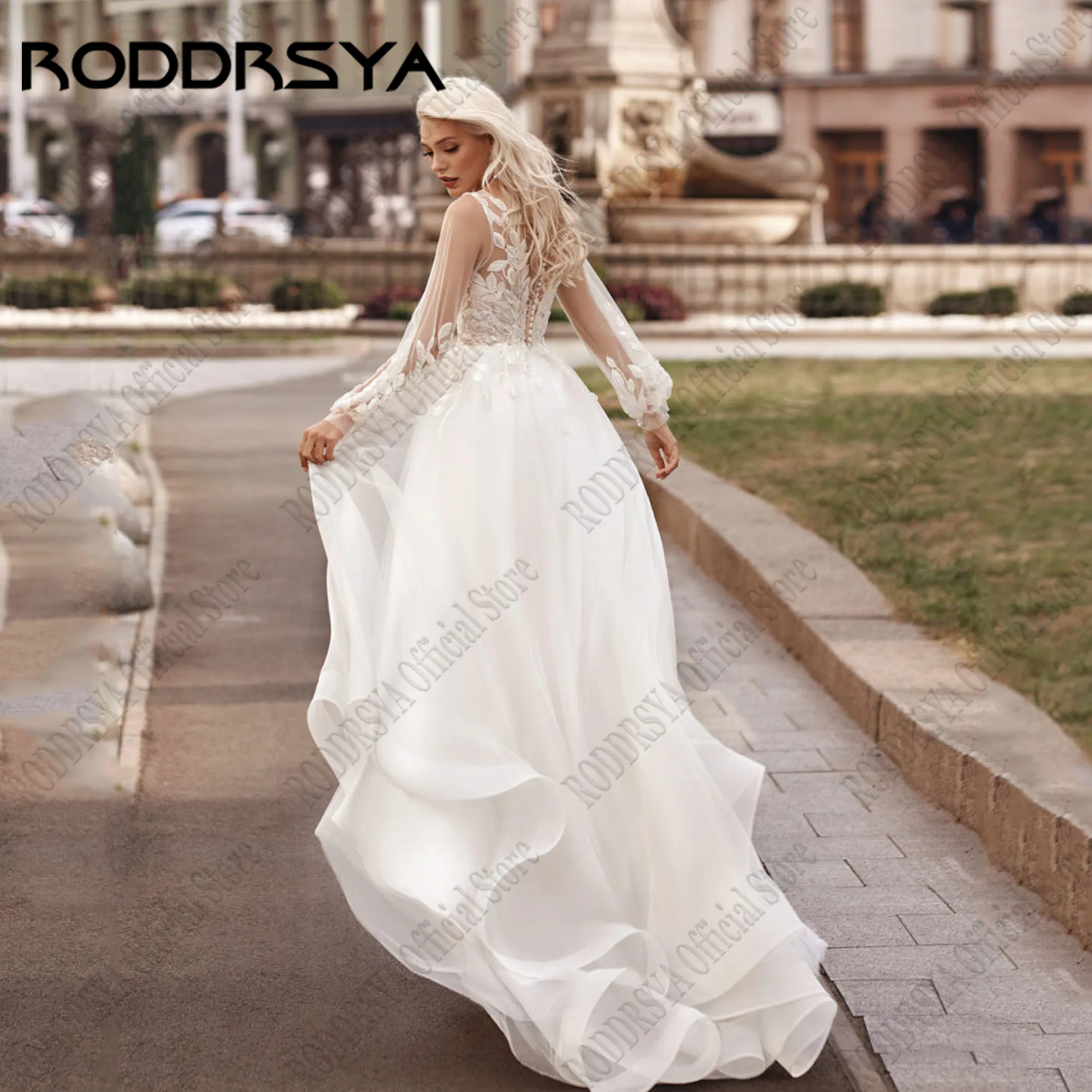 RODDRSYA-Vestidos De Novia elegantes De línea A, Vestidos De Novia De manga larga con apliques, cuello en V, Vestidos De fiesta De Novia, encaje De talla grande personalizadoRODDRSYA elegante línea de vestido de novia