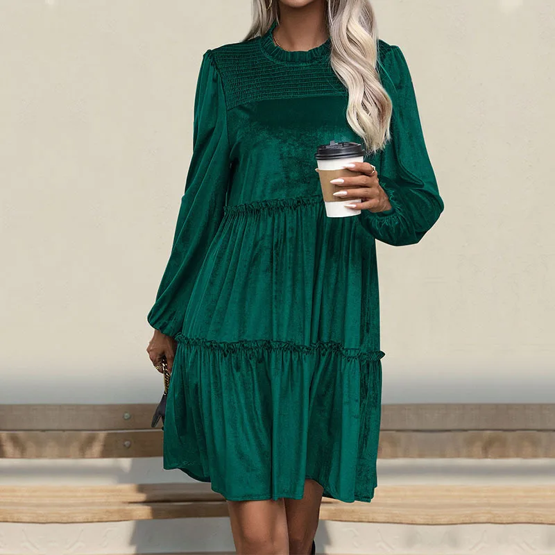 New Autumn Women\'s Christmas Green Velvet Dress