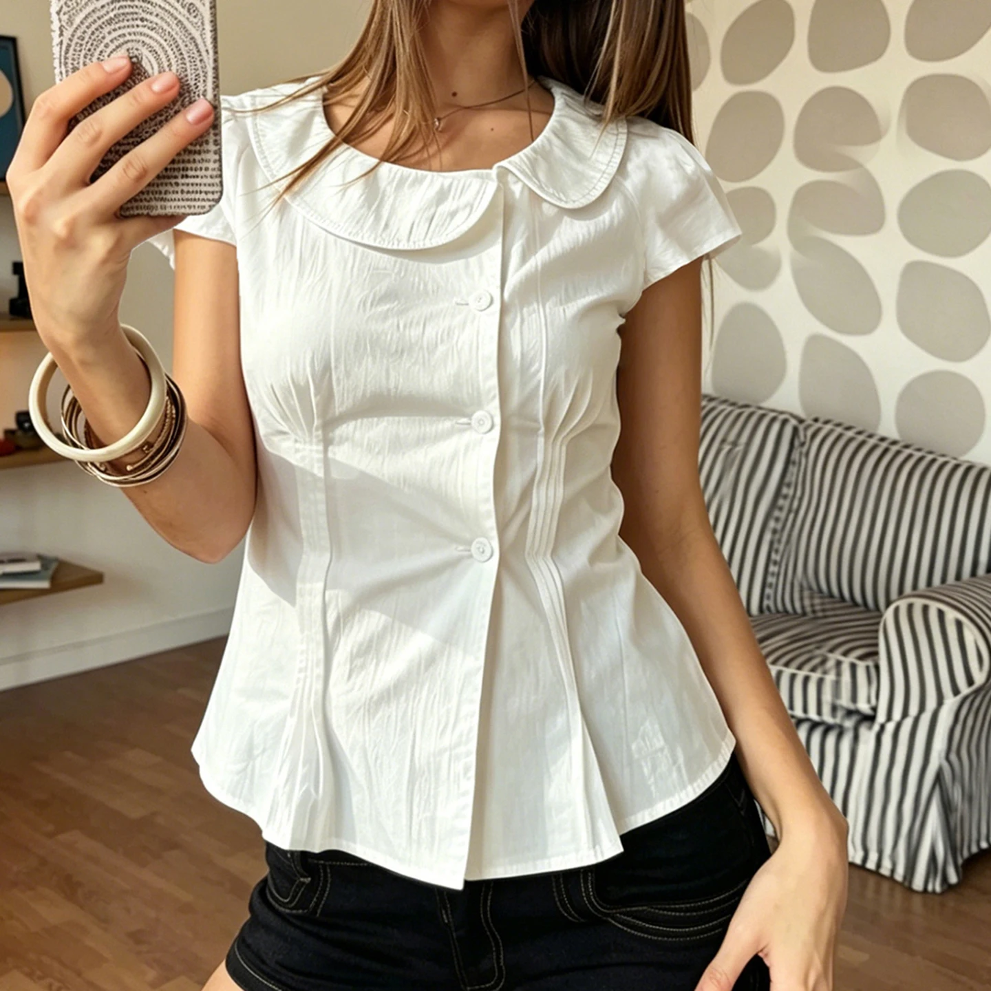 Korean Fashion Peter Pan Collar Folds White Blouse Y2K Aesthetics Girls Slimming Single Breasted Short Sleeve Shirts Summer Tops