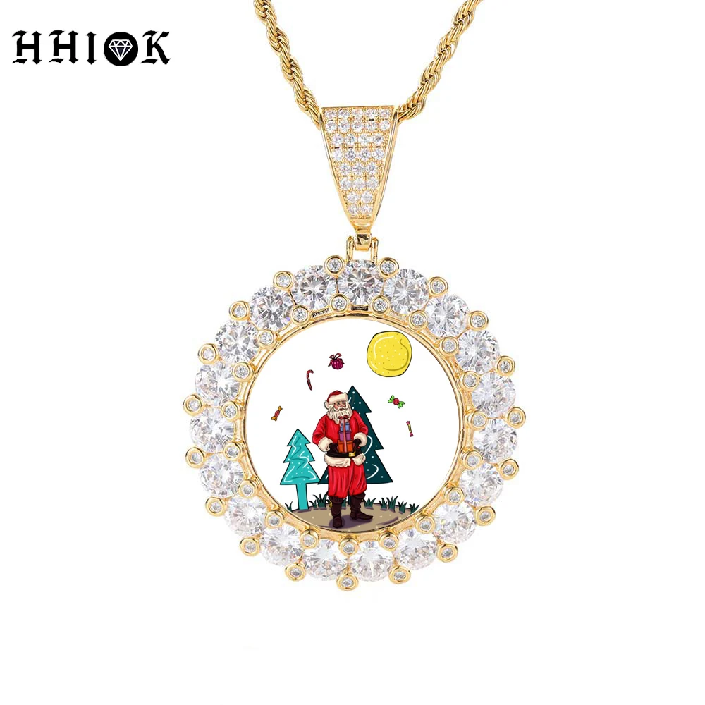 Micro Paved Zircon Big Diamond Fashion Round Men and Women Couple Pendant Custom logo Medallion Memory Photo Pendant Necklace