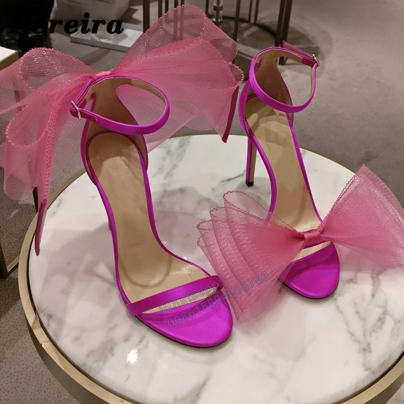 

Pereira Pink Sandals Bow Knot Decor Open Toe Stilettos Solid Ankle Buckle High Heels Women Shoes On Heels Fashion Big Size Sanda