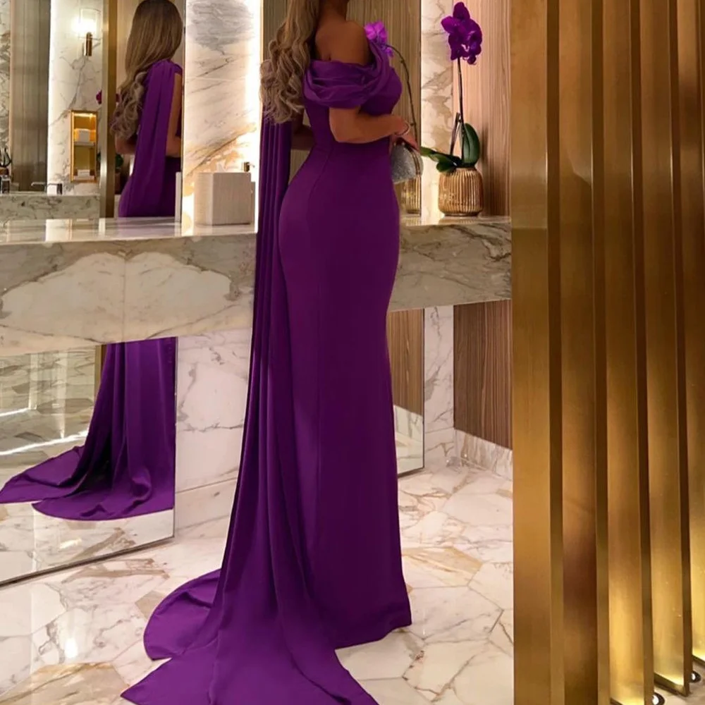 

Classic Dark Purple Jersey Off the Shoulder Evening Dresses Formal Sweep Train Pleats Solid Color Straight Strapless Zipper Back