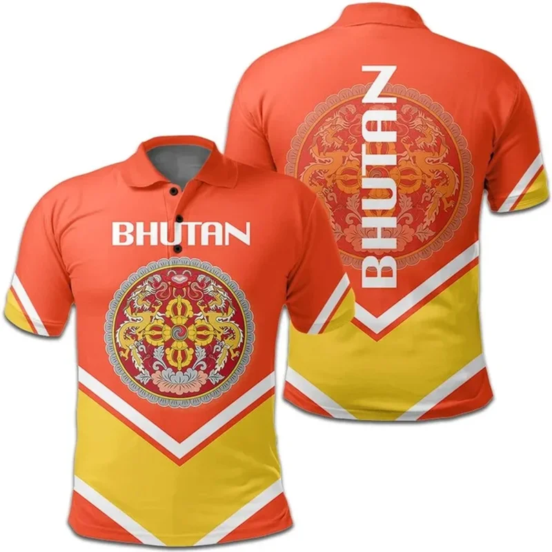 Bhutan Coat Of Arms 3D Print Polo Shirt Kingdom Of Bhutan Map Flag Graphic Polo T Shirt Fashion Casual Polo Shirts Mens Clothing